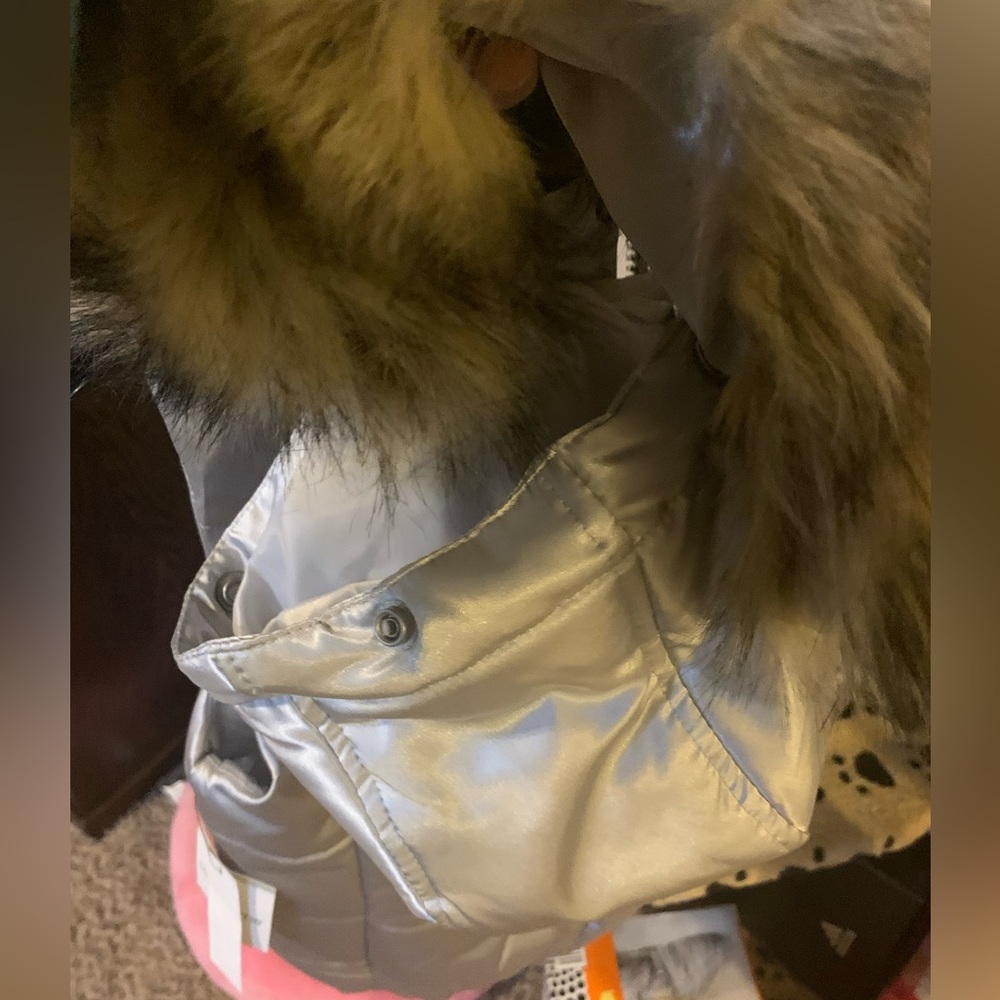 $10 Silver puffer vest with detachable fur - Picture 3 of 5